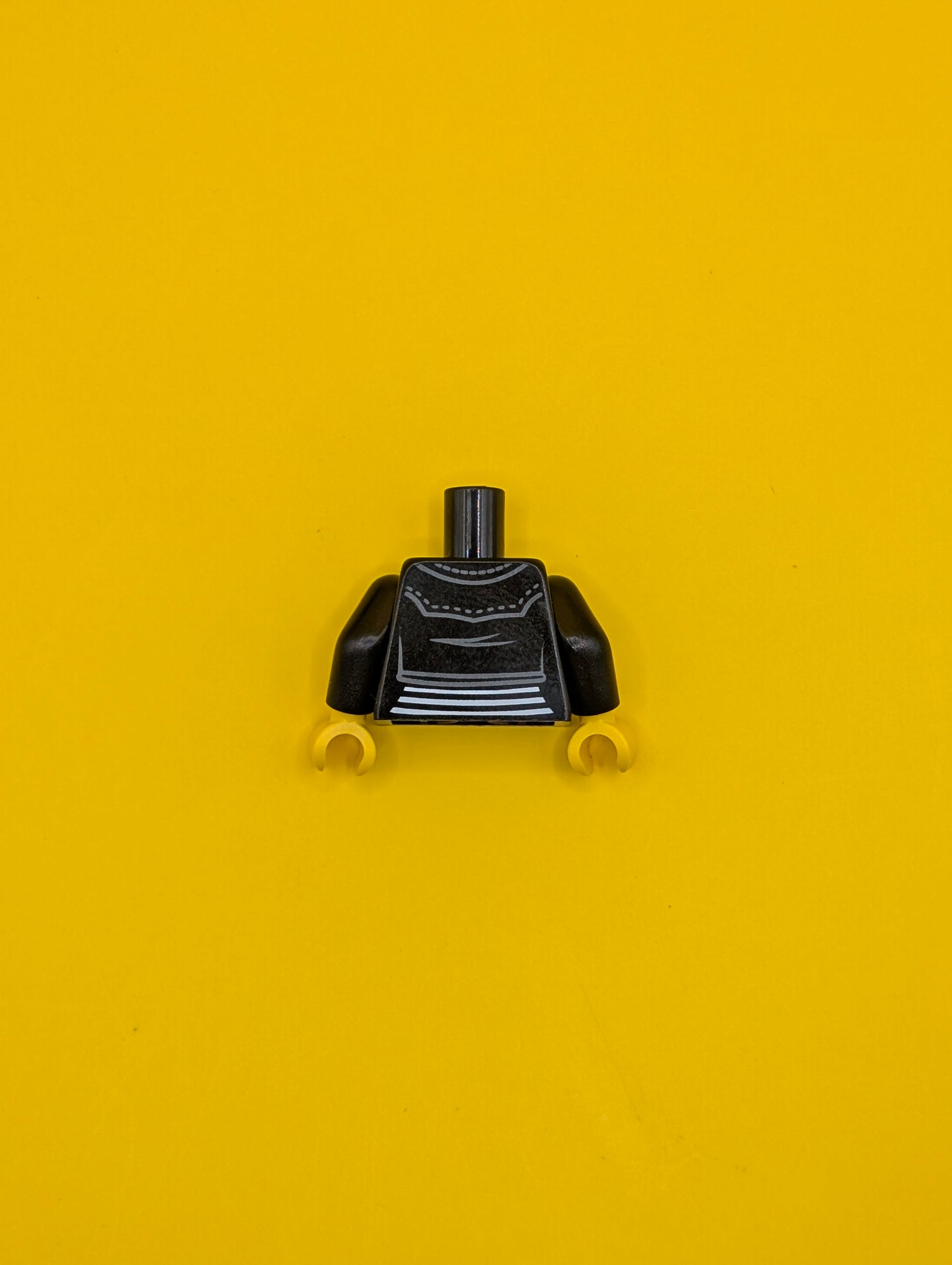 Torso Female Leather Jacket Open with Pockets and Silver Buttons and Zipper over Shirt with White Stripes, Yellow Neck Pattern / Black Arms / Yellow Hands 973pb2828c01 Lego