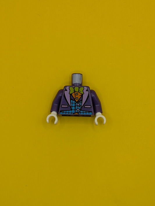 973pb1648c01 Torso Batman Suit with Medium Azure Vest, Orange Shirt, and Lime Bow Tie Pattern / Dark Purple Arms / White Hands Lego Part