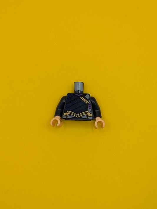 973pb2970c01 Torso Tunic with Gold Shoulder Clasp and Belt, Dark Purple and Bright Light Blue Trim Pattern / Dark Blue Arms / Light Nougat Hands Lego Part