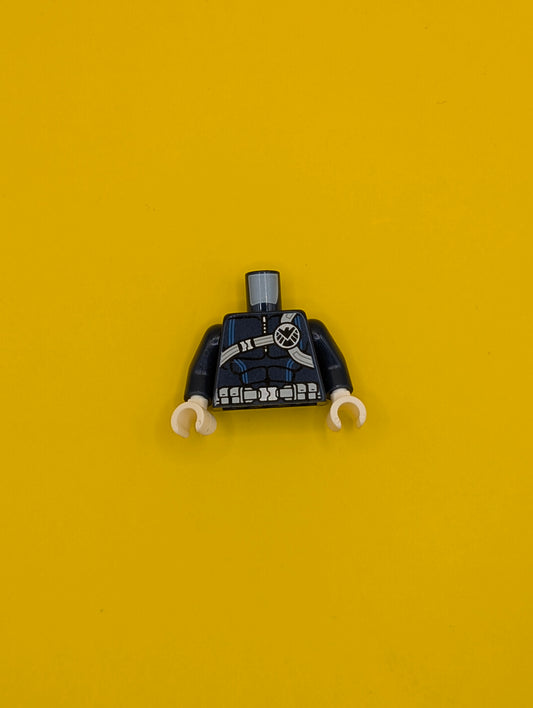 973pb2166c01 Torso Muscles Outline with Black and Silver SHIELD Logo on White Harness Straps and Utility Belt Pattern / Dark Blue Arms / White Hands Lego Part