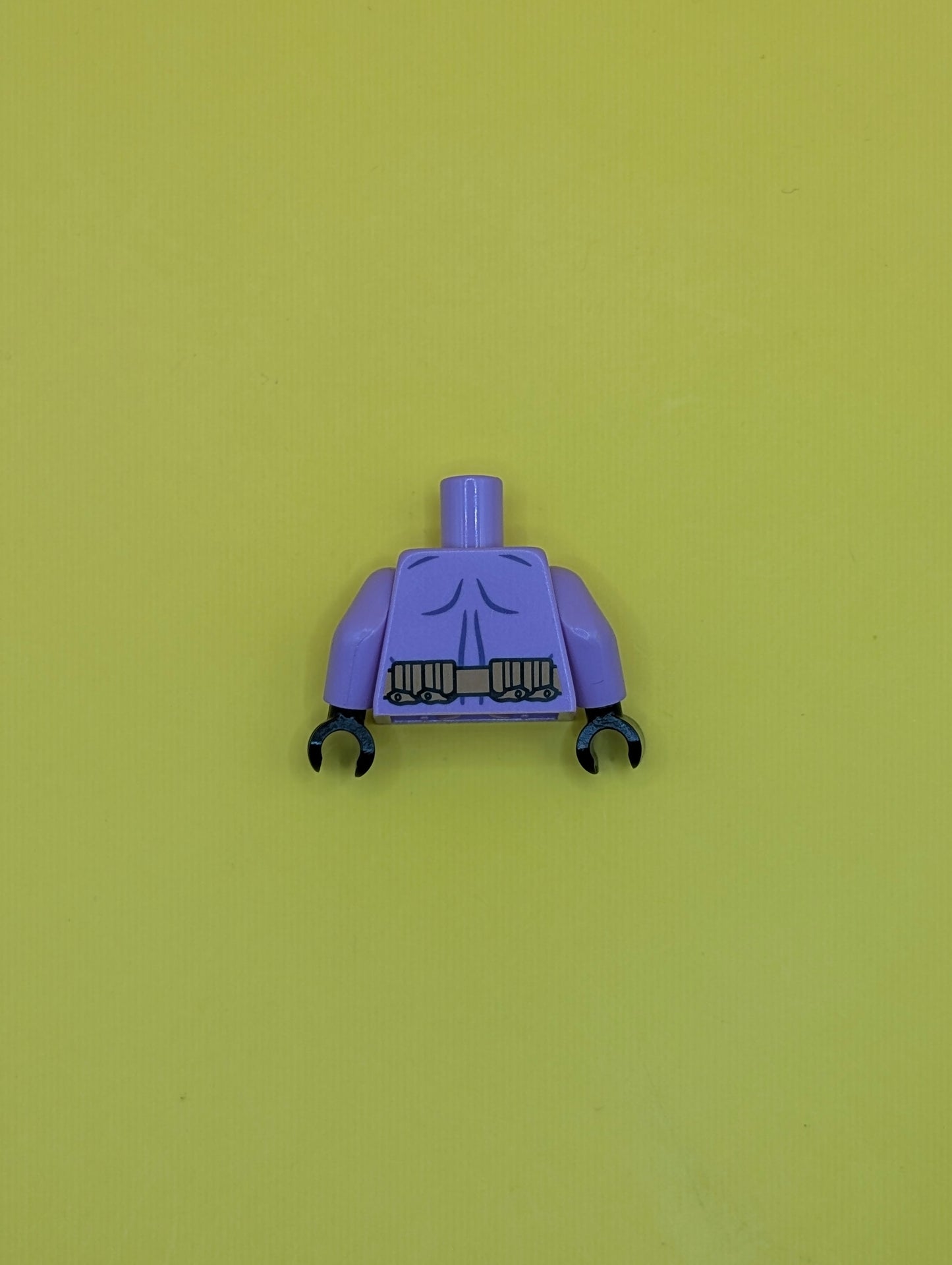 973pb1923c01 Torso Batman Logo Upside Down with Muscles and Gold Belt Pattern / Medium Lavender Arms / Black Hands Lego Part