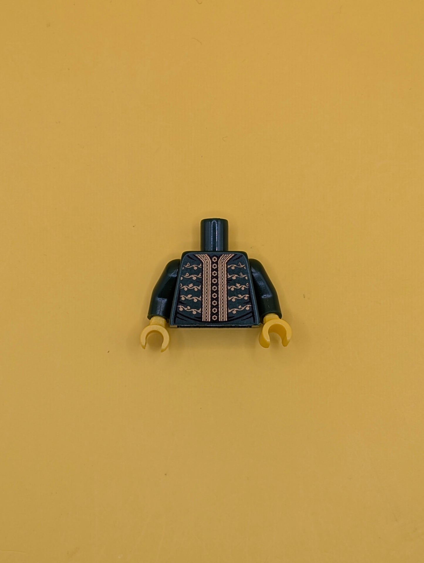 973pb1244c01 Torso Jacket with Gold Trim, Buttons and Floral Motif Pattern / Dark Green Arms / Yellow Hands Lego Part