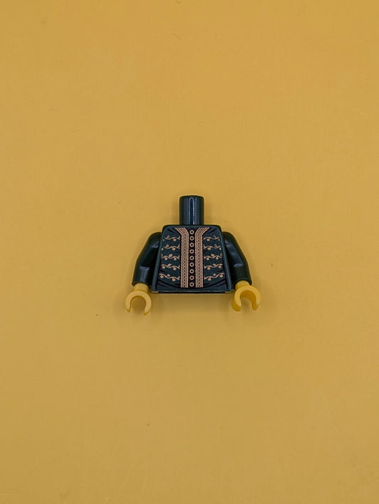 973pb1244c01 Torso Jacket with Gold Trim, Buttons and Floral Motif Pattern / Dark Green Arms / Yellow Hands Lego Part