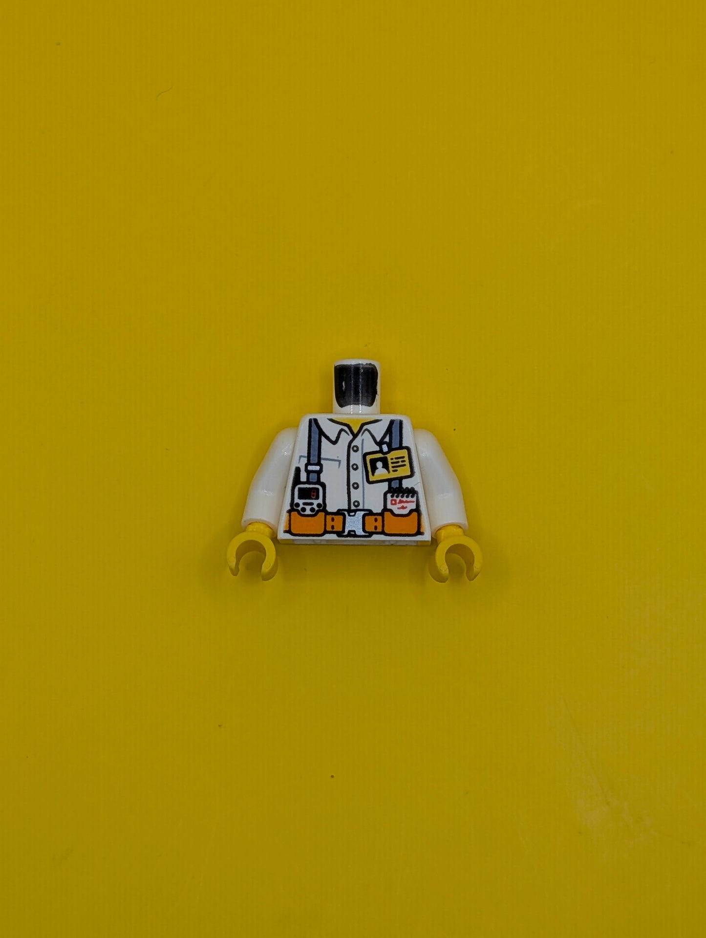 Torso Town Miners White Shirt with Dark Gray Suspender Straps Pattern with Radio, Notebook and ID Badge / White Arms / Yellow Hands 973pb2990c01 Lego