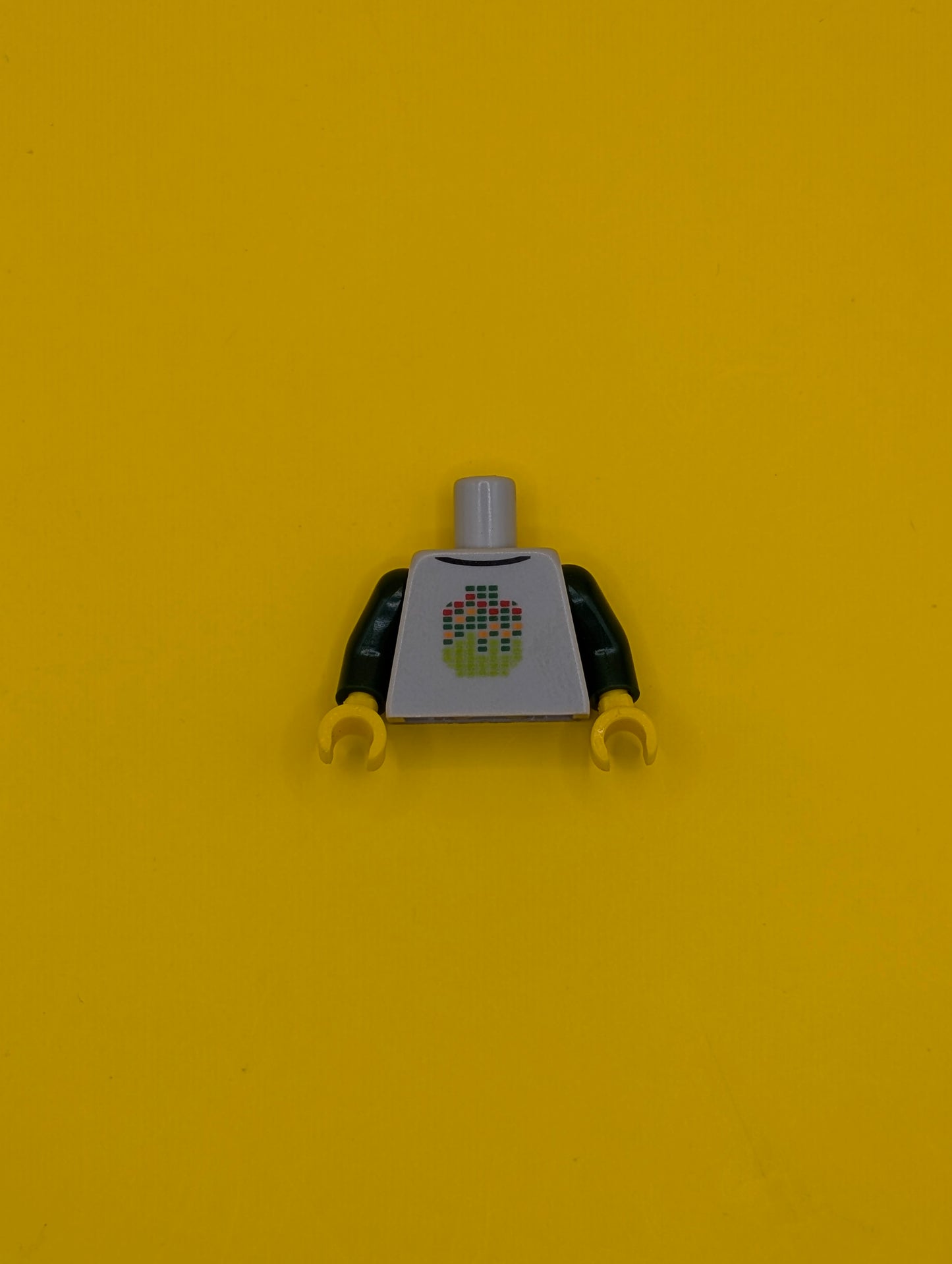 Torso Shirt with Dark Green, Lime, Orange, and Red Pixelated Minifigure Head, Black Collar Pattern / Dark Green Arms / Yellow Hands 973pb1218c01 Lego