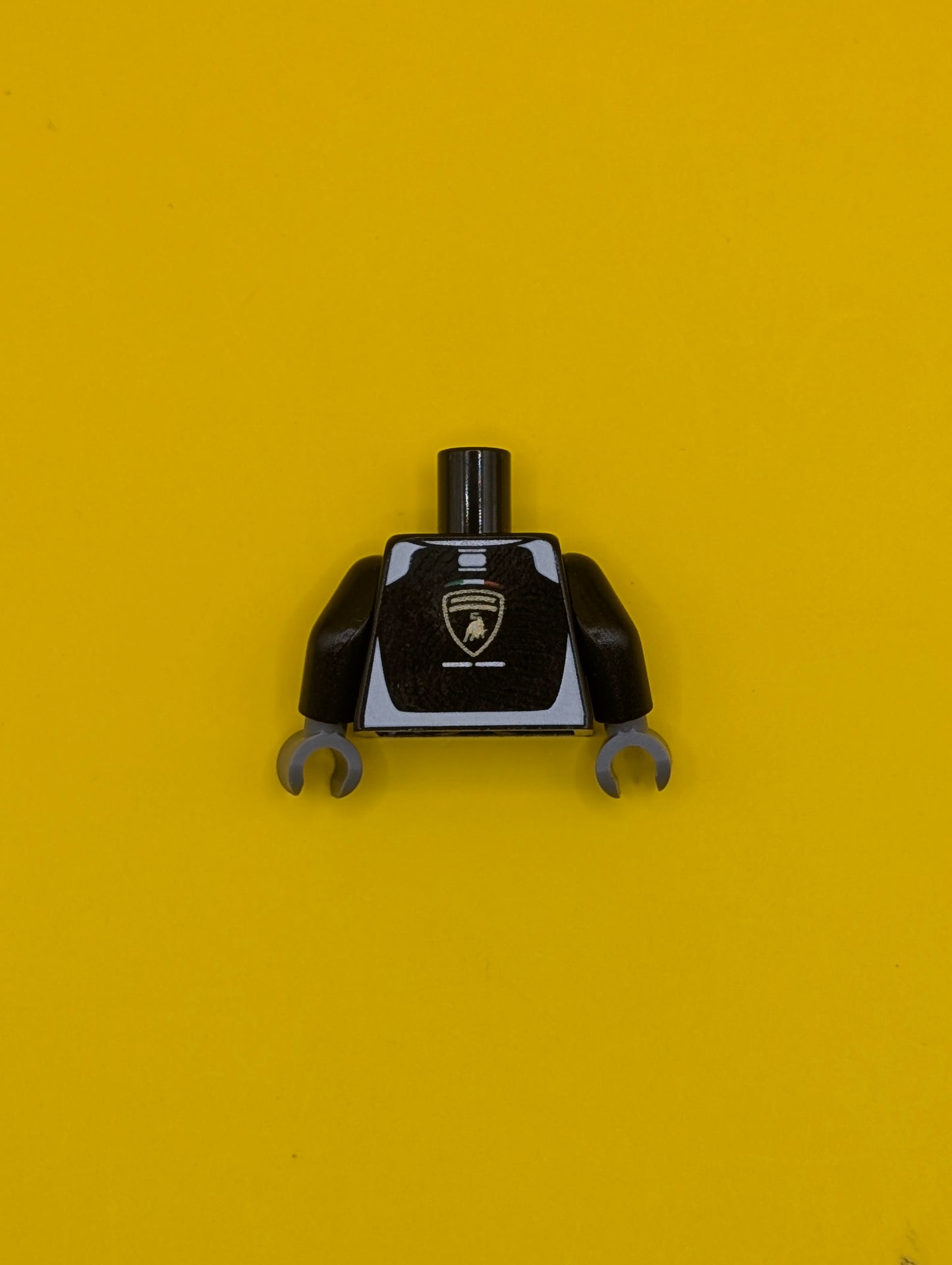 Torso Racing Suit with Vertical White Stripes and Lamborghini Logo on Front and Back Pattern / Black Arms / Dark Bluish Gray Hands 973pb3859c01 Lego