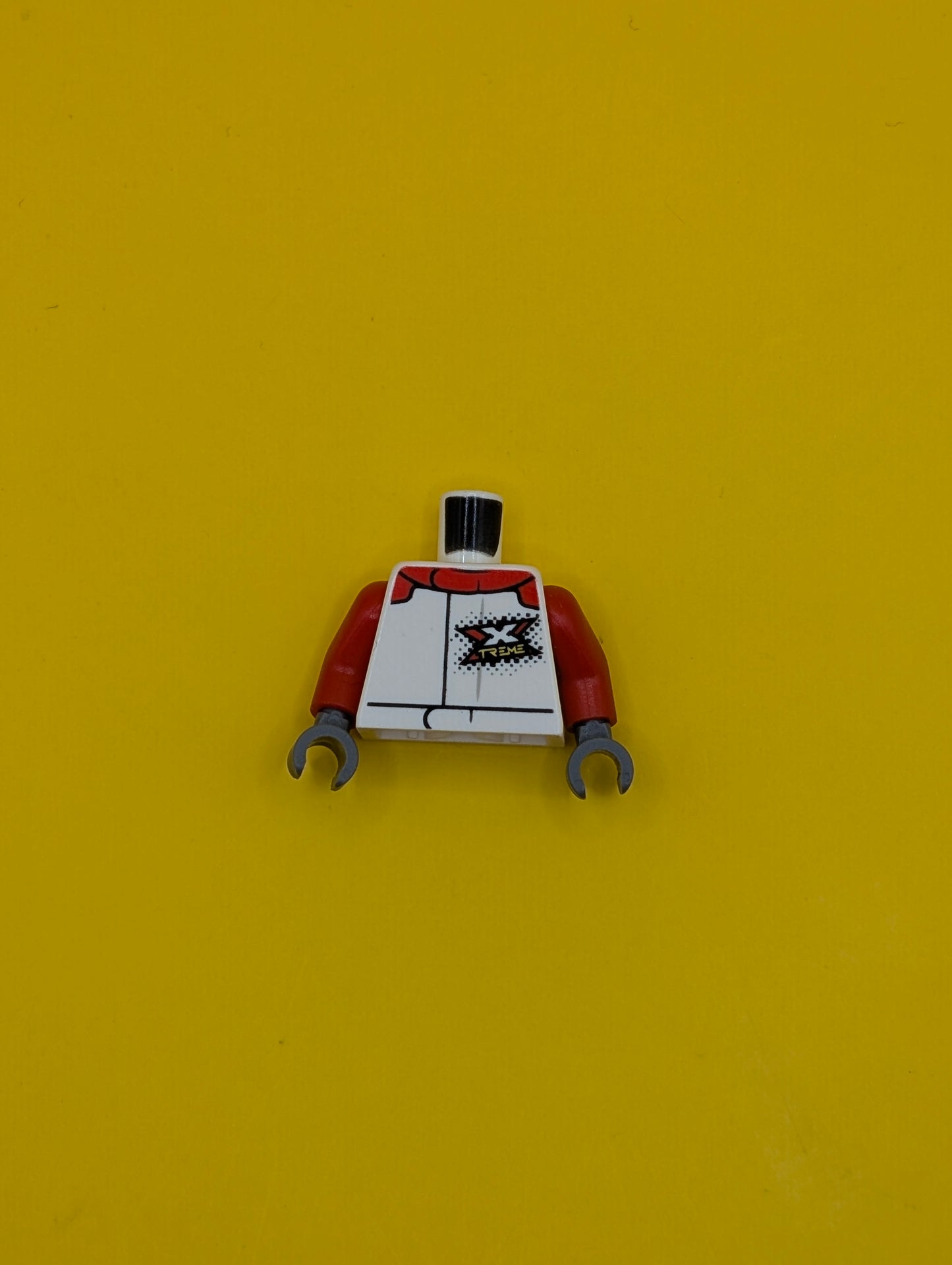 973pb3759c01 Torso Racing Suit with Red Collar and Stylized 'XTREME' Logo Pattern / Red Arms / Dark Bluish Gray Hands Lego Part