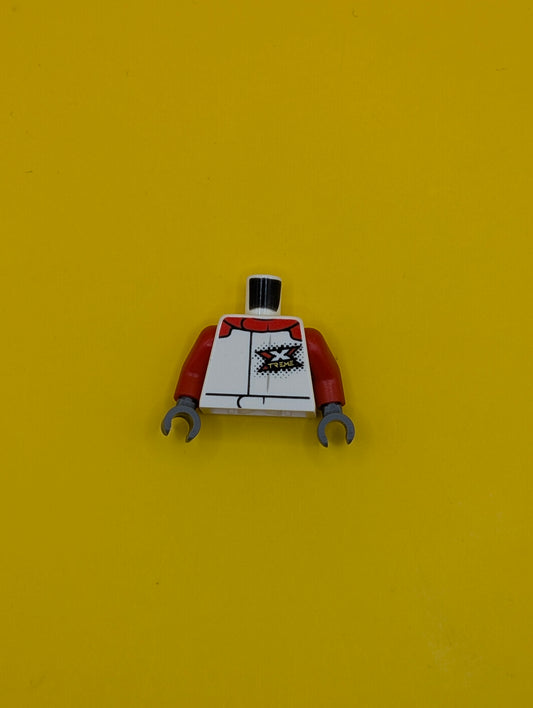 973pb3759c01 Torso Racing Suit with Red Collar and Stylized 'XTREME' Logo Pattern / Red Arms / Dark Bluish Gray Hands Lego Part
