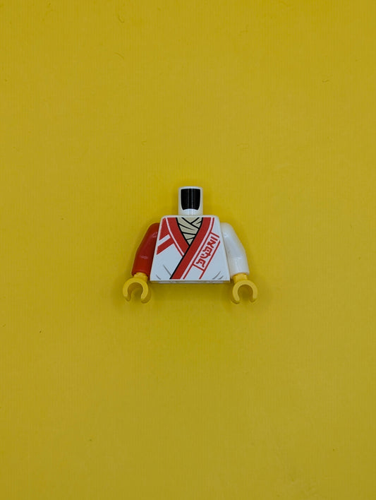 973pb5051c01 Torso Robe with Red Trim, Lines, and Ninjago Logogram 'DOJO' over Tan Shirt, Core Logo on Back Pattern / White Arm Left / Red Arm Right / Yellow Hands Lego Part