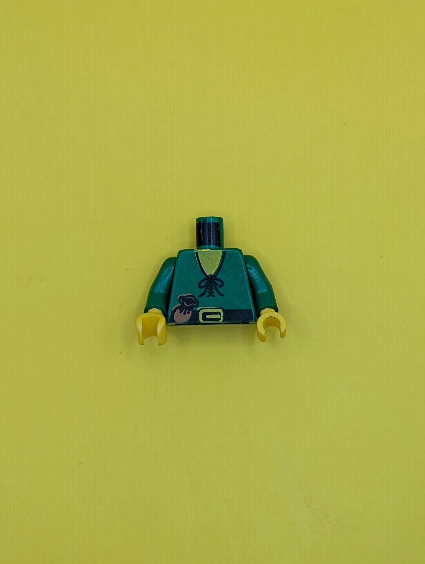 Torso Castle Forestman Shirt with Laces, Black Belt with Buckle, Brown Pouch, Yellow Neck Pattern / Green Arms / Yellow Hands 973p46c01 Lego