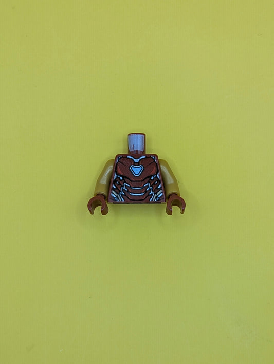 973pb3503c01 Torso Armor with Thin Red Markings, Bright Light Blue Triangular Arc Reactor, Silver and Gold Trim Pattern / Pearl Gold Arms / Dark Red Hands Lego Part