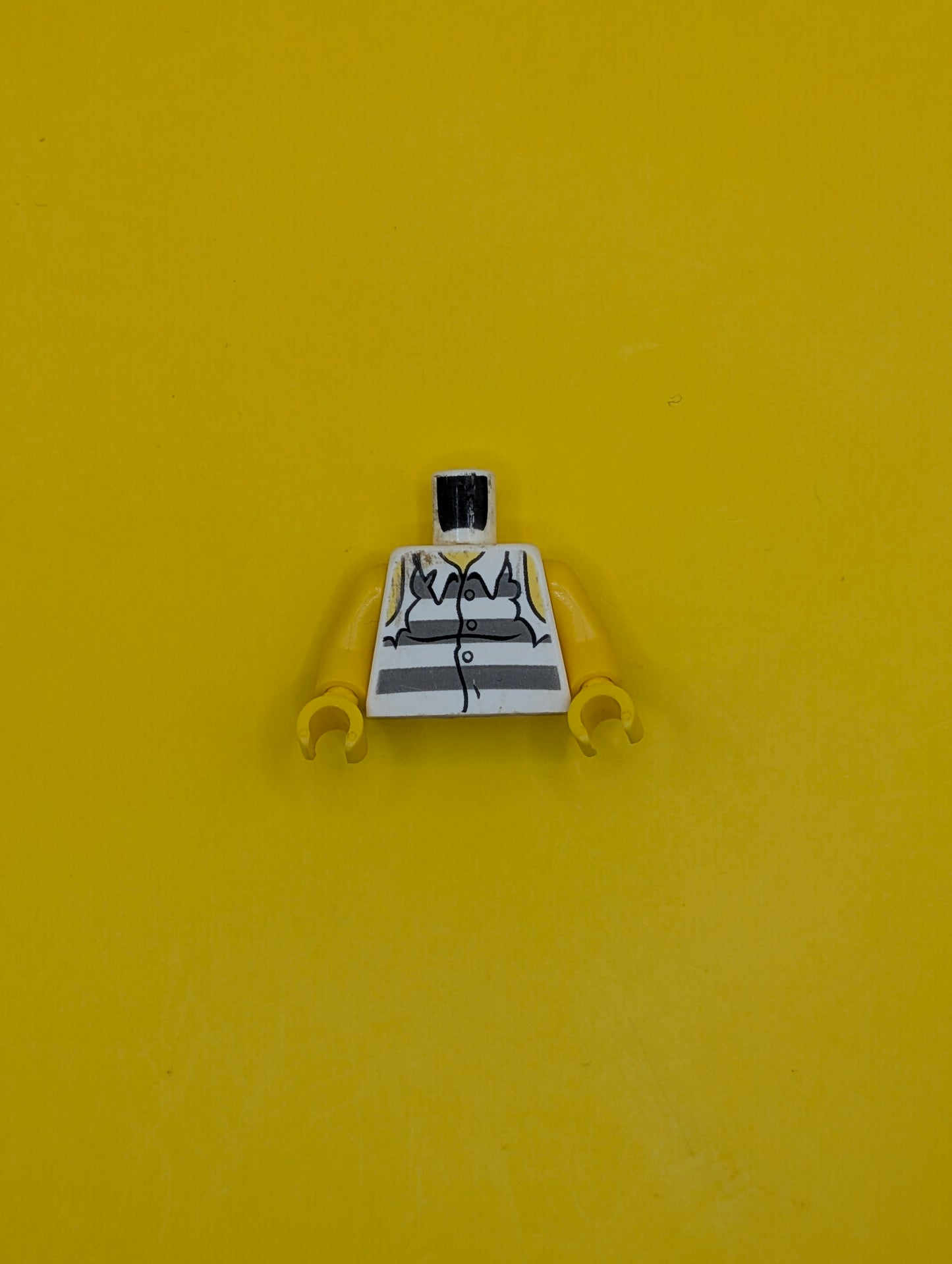 973pb0987c01 Torso Town Prisoner Shirt with Prison Stripes and Torn out Sleeves Pattern / Yellow Arms / Yellow Hands Lego Part