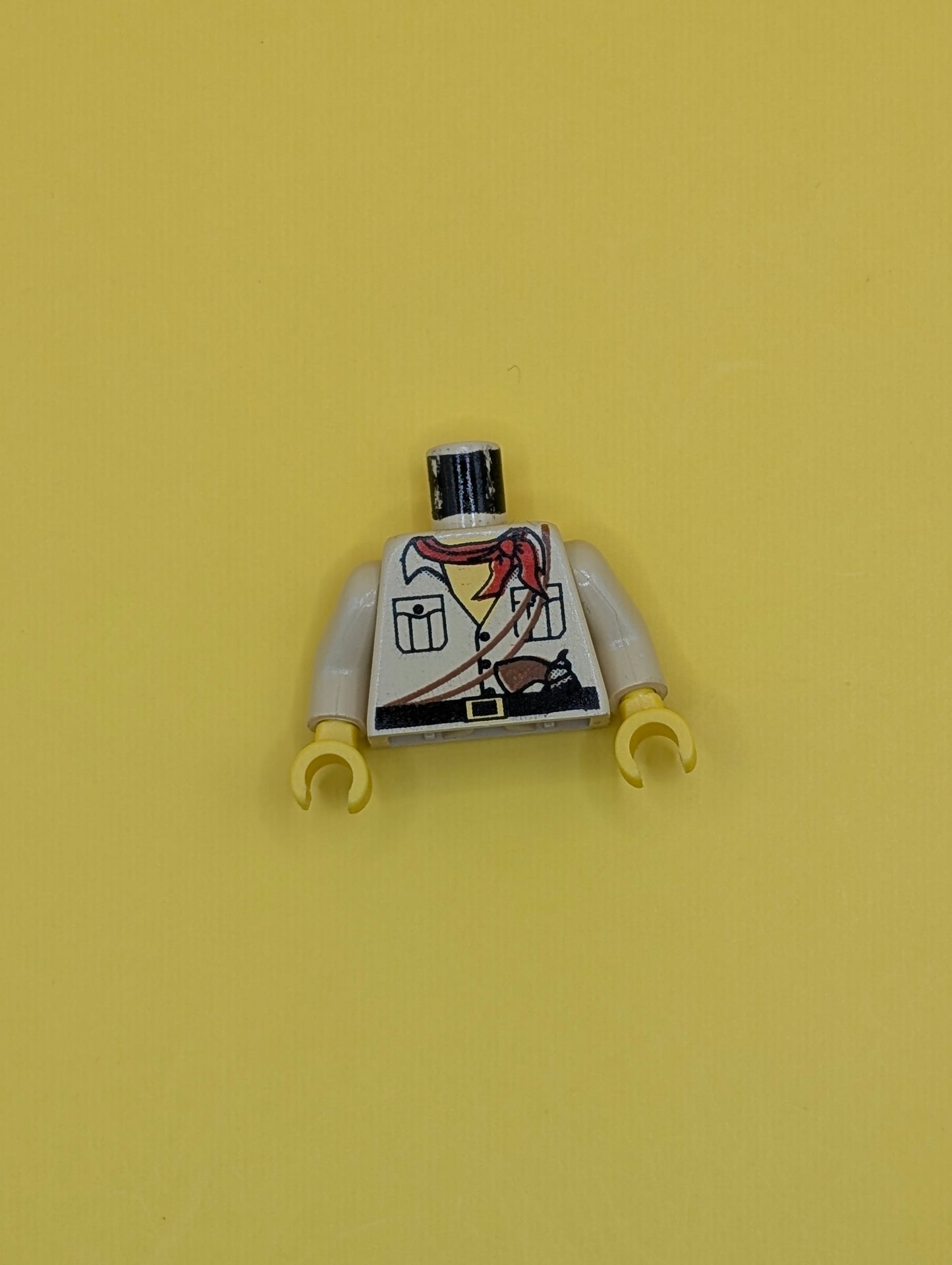 Torso Shirt with Buttons and Pockets, Black Belt with Yellow Buckle, Brown Pistol and Ropes, Red Bandana, Yellow Neck Pattern / Tan Arms / Yellow Hands 973pb0391c01 Lego