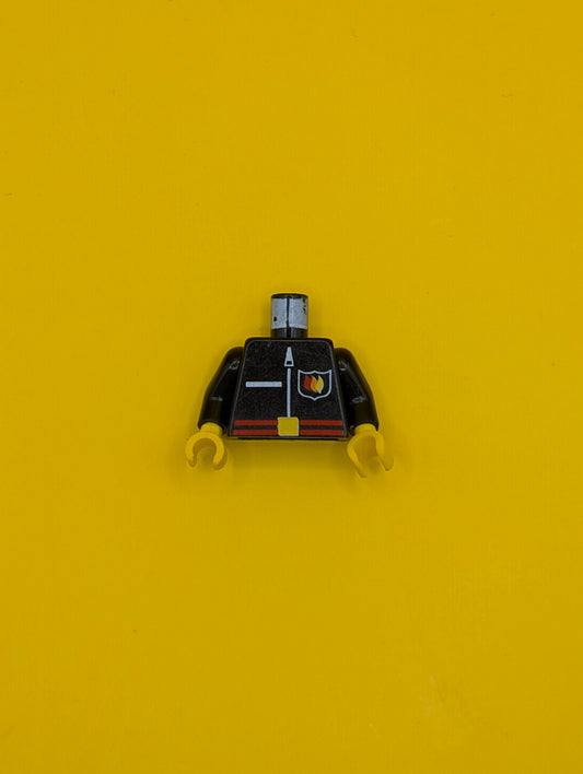 973px121c01 Torso Fire Uniform Shirt with Flame Badge Logo, Pocket, and White Zipper, Red Belt with Yellow Buckle Pattern / Black Arms / Yellow Hands Lego Part