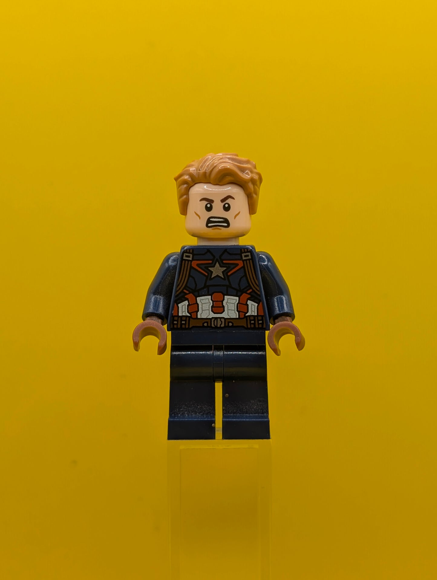 Captain America sh0264 Dark Blue Suit with Reddish Brown Belt and Harness, Reddish Brown Hands, Hair, Dark Brown Eyebrows Marvel Lego Minifigure