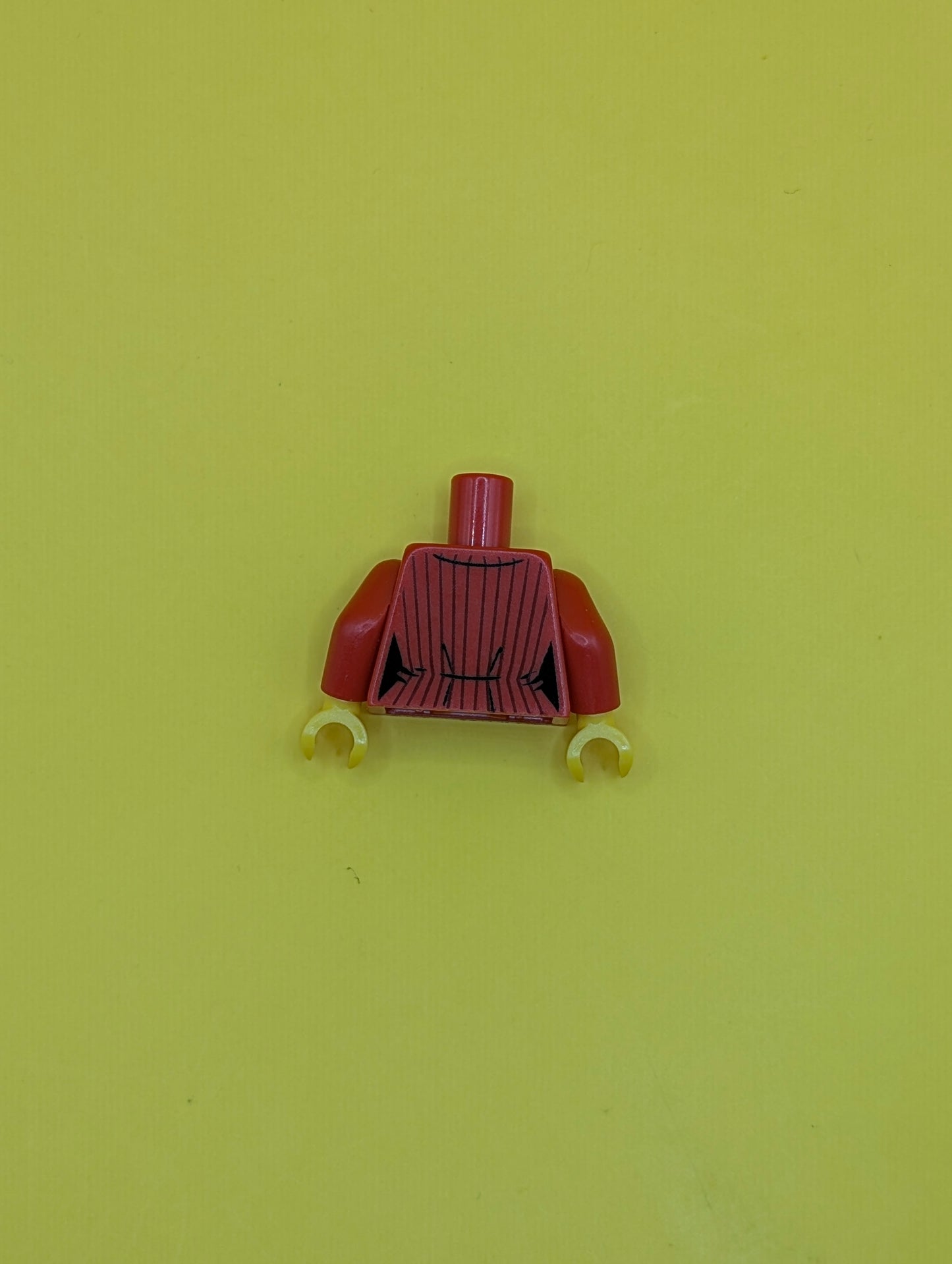 973pb0895c01 Torso Female Suit Jacket with Pinstripes and Buttons, Gold Necklace, Black Shirt, and Press Pass Badge Pattern / Red Arms / Yellow Hands Lego Part