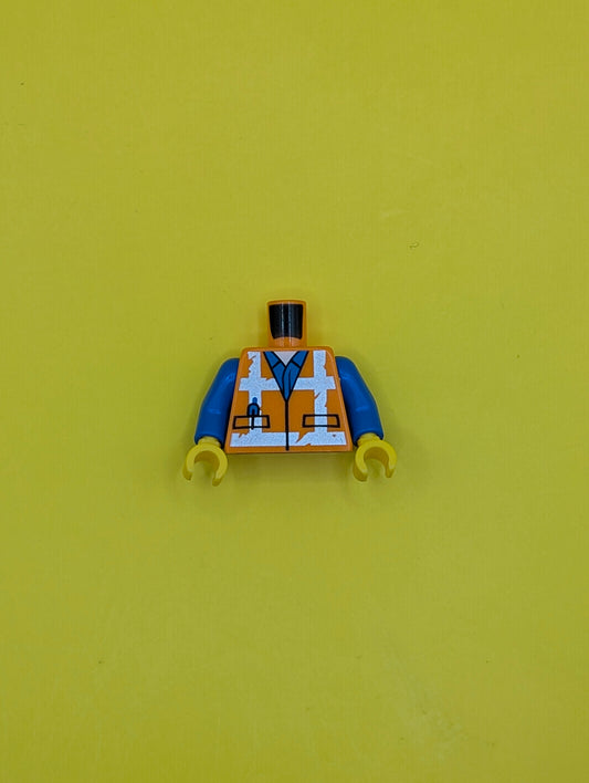 973pb3370c01 Torso Safety Vest with Reflective Worn Crossed Stripes over Blue Shirt Pattern / Blue Arms / Yellow Hands Lego Part