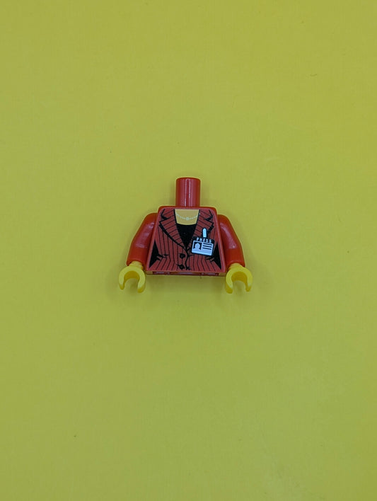 973pb0895c01 Torso Female Suit Jacket with Pinstripes and Buttons, Gold Necklace, Black Shirt, and Press Pass Badge Pattern / Red Arms / Yellow Hands Lego Part