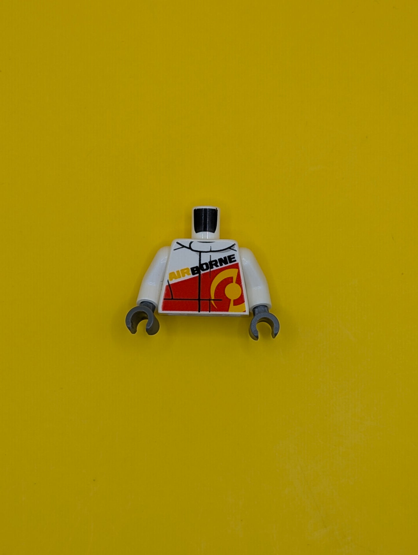 Torso Racing Jacket with Red Panel and 'AIRBORNE' on Front and Back Pattern / White Arms / Dark Bluish Gray Hands 973pb2329c01 Lego
