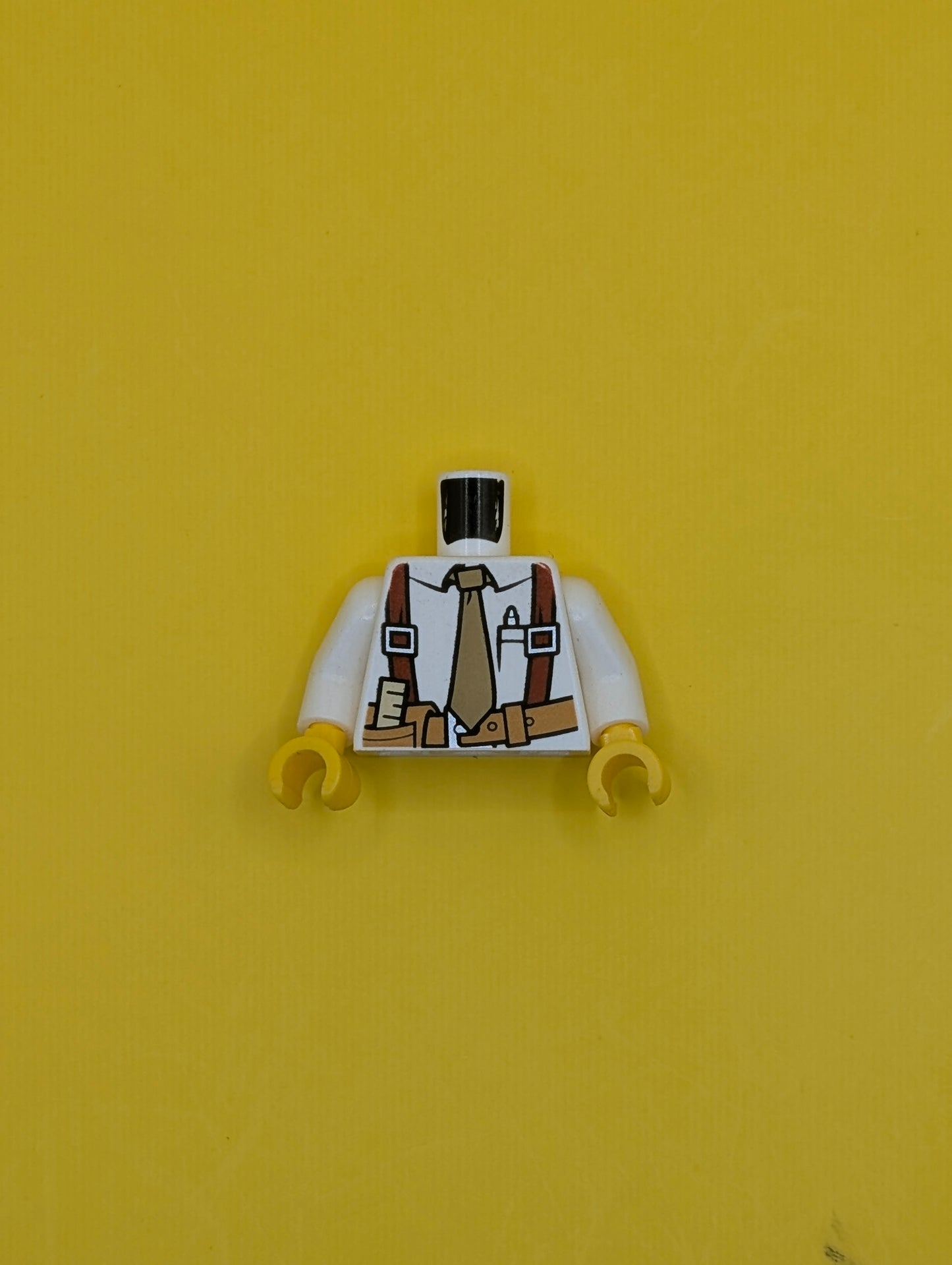 Torso Shirt with Tan Tie, Red Suspenders, Brown Belt with Pocket with Ruler Pattern / White Arms / Yellow Hands 973pb1250c01 Lego