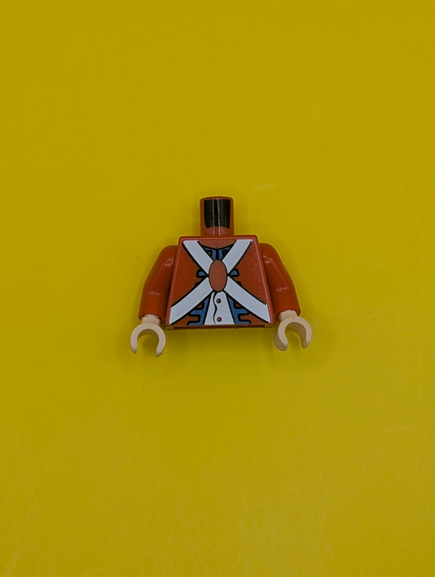 Torso Imperial Soldier Uniform Jacket with Blue and Gold Trim over White Shirt with Buttons, Crossbelts with Oval Clasp, Dark Brown Ammo Pouch on Back Pattern (Redcoat) / Red Arms / Light Nougat Hands 973pb0527c02 Lego
