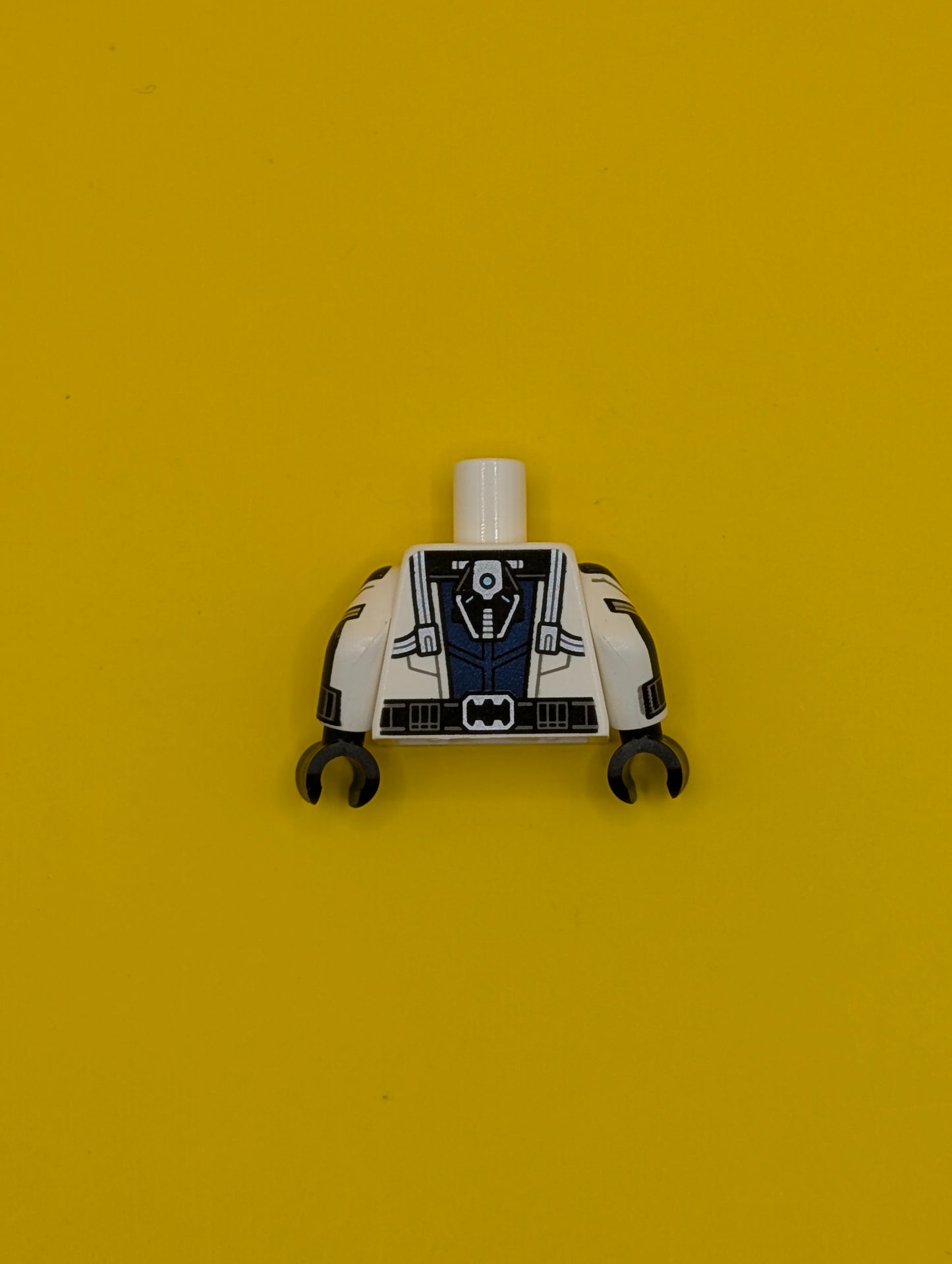 Torso Armor with Dark Blue Center Panel, Silver Trim, Black Collar, and Metallic Light Blue Dots, Utility Belt Pattern / White Arms with Black Cuffs, Dark Blue Armor, Metallic Light Blue Dots, and Silver Trim Pattern / Black Hands 973pb5395c01 Lego