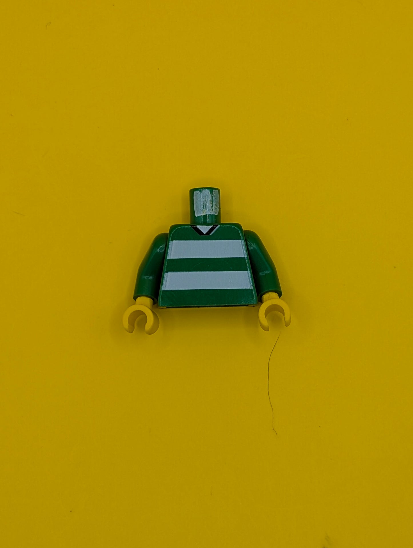 Torso Soccer Uniform Shirt with White Horizontal Stripes, Neck, and Number 10 on Back Pattern / Green Arms / Yellow Hands 973pb0365c01 Lego