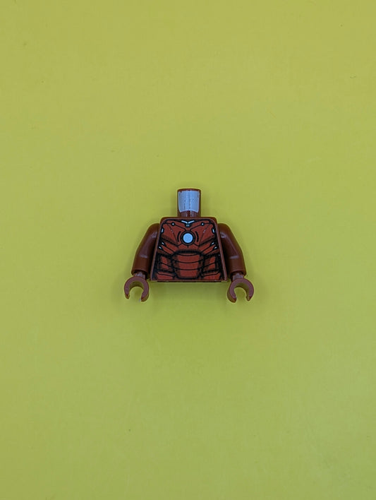 973pb4389c01 Torso Armor with White Circle Arc Reactor, Red Panels, Gold Trim on Back Pattern (Iron Man Mark 3) / Dark Red Arms / Dark Red Hands Lego Part