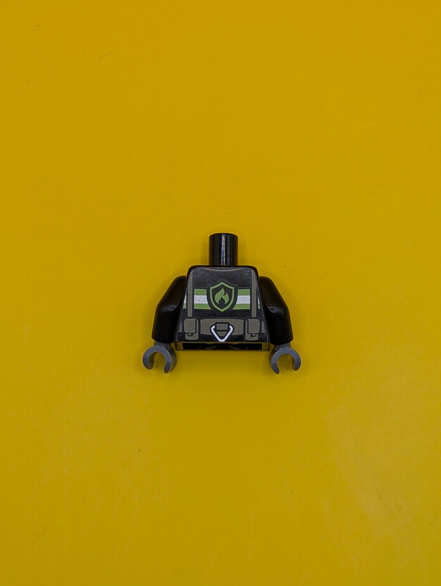 Torso Fire Uniform Jacket with Reflective Stripes and Logo on Back, Dark Tan Utility Belt and Straps, Silver Buckle, Carabiner, and Gauge Pattern / Black Arms / Dark Bluish Gray Hands 973pb1302c01 Lego