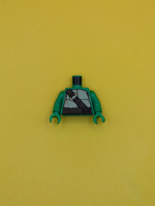 973pb1369c01 Torso Tan and Dark Tan Turtle Shell, Dark Brown Belt and Strap with Gold Ring Pattern / Bright Green Arms / Bright Green Hands Lego Part