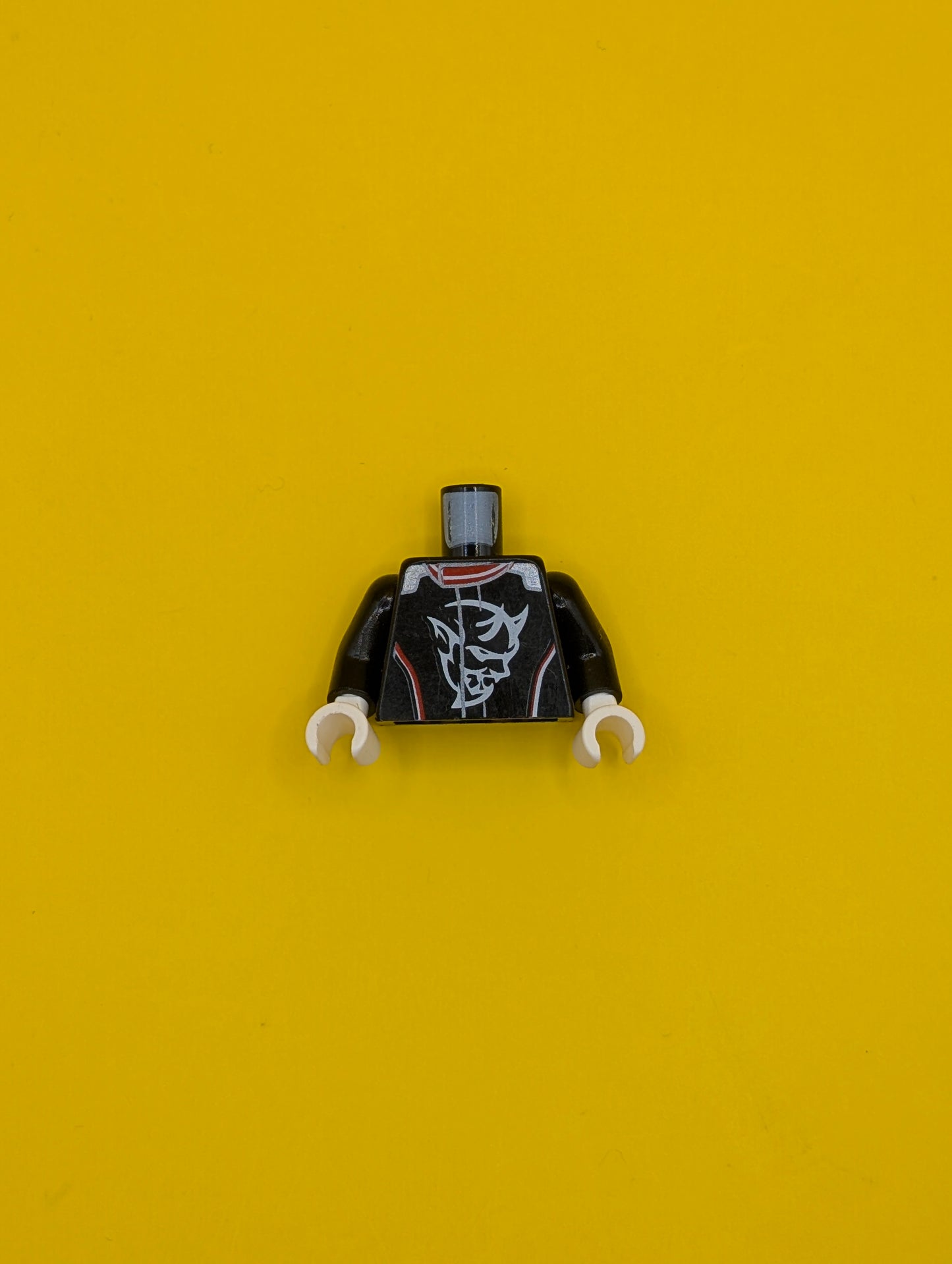 973pb3427c01 Torso Racing Suit with Demon Logo, White and Red Stripes Pattern / Black Arms / White Hands Lego Part