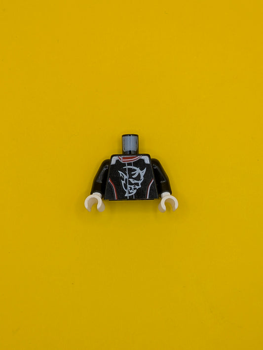 973pb3427c01 Torso Racing Suit with Demon Logo, White and Red Stripes Pattern / Black Arms / White Hands Lego Part
