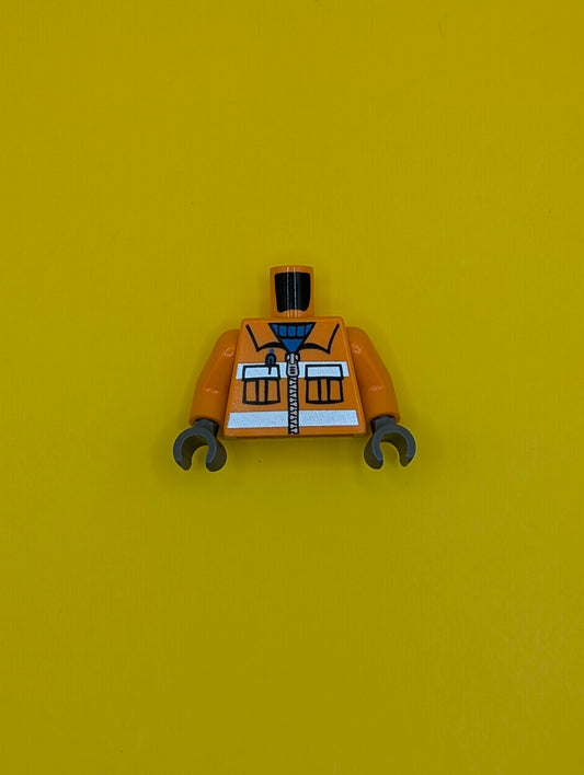 Torso Construction Uniform Shirt with Pockets and Silver Zipper and Reflective Stripes over Blue Sweater Pattern / Orange Arms / Dark Bluish Gray Hands 973pb0263c02 Lego