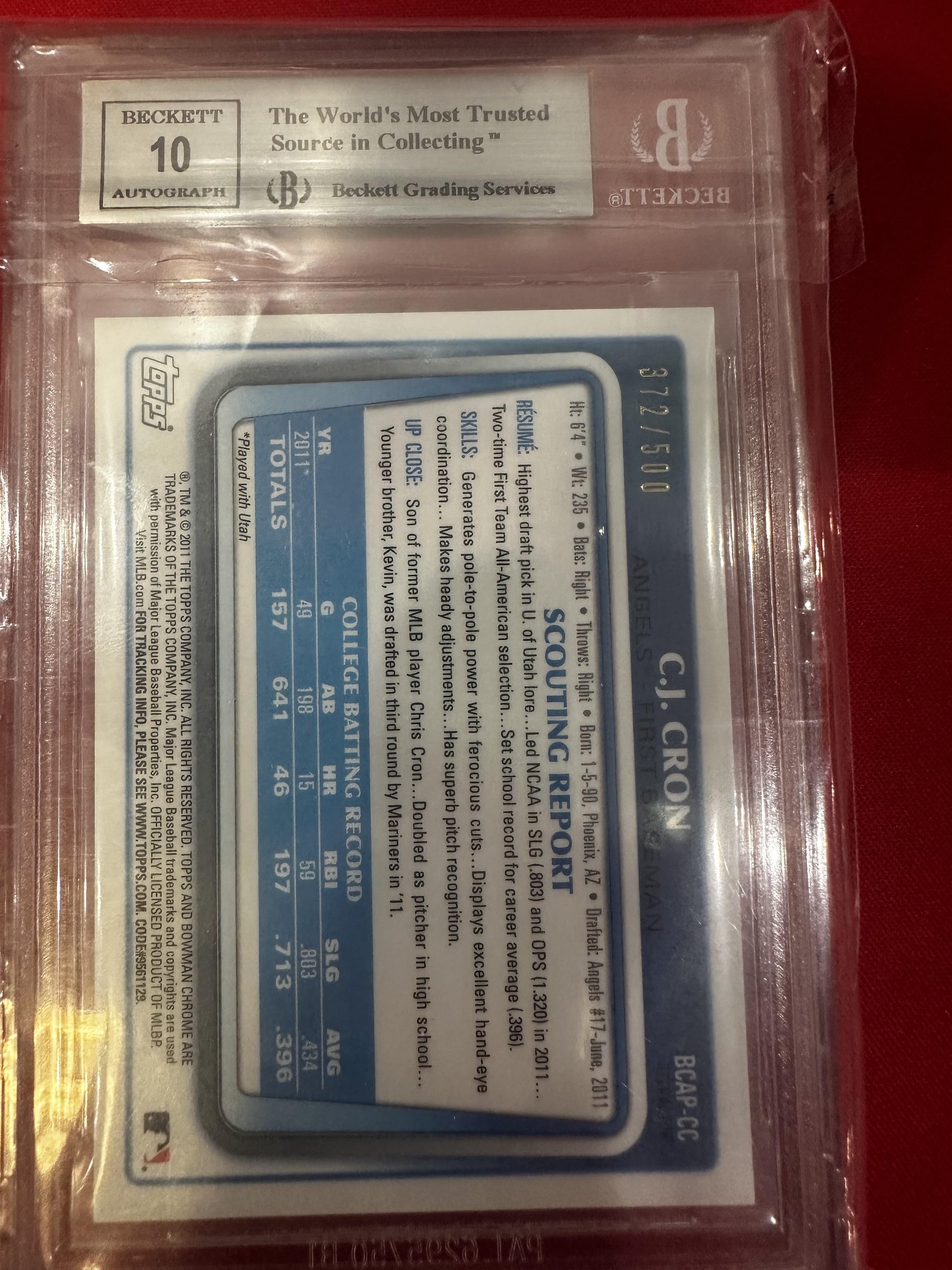 2011 Bowman Draft Picks #BCAP-CC C.J. Cron Autographs Refractors BGS 9 /500