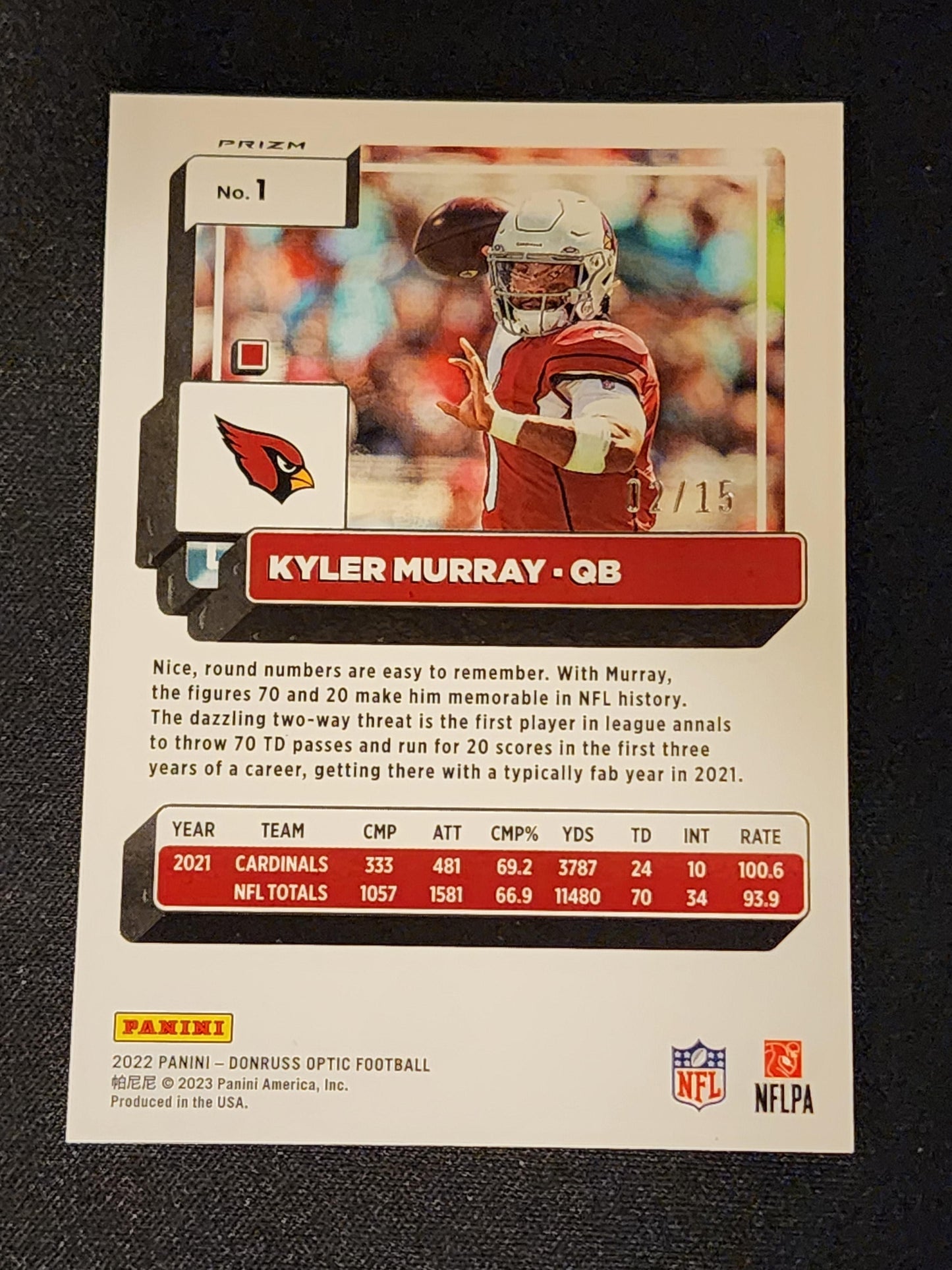 #1 Kyler Murray 2022 Donruss Optic SN #/15 Arizona Cardinals sports Purple Stars