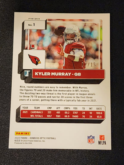 #1 Kyler Murray 2022 Donruss Optic SN #/15 Arizona Cardinals sports Purple Stars