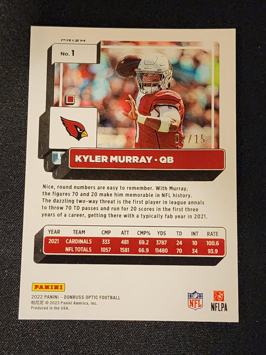 #1 Kyler Murray 2022 Donruss Optic SN #/15 Arizona Cardinals sports Purple Stars