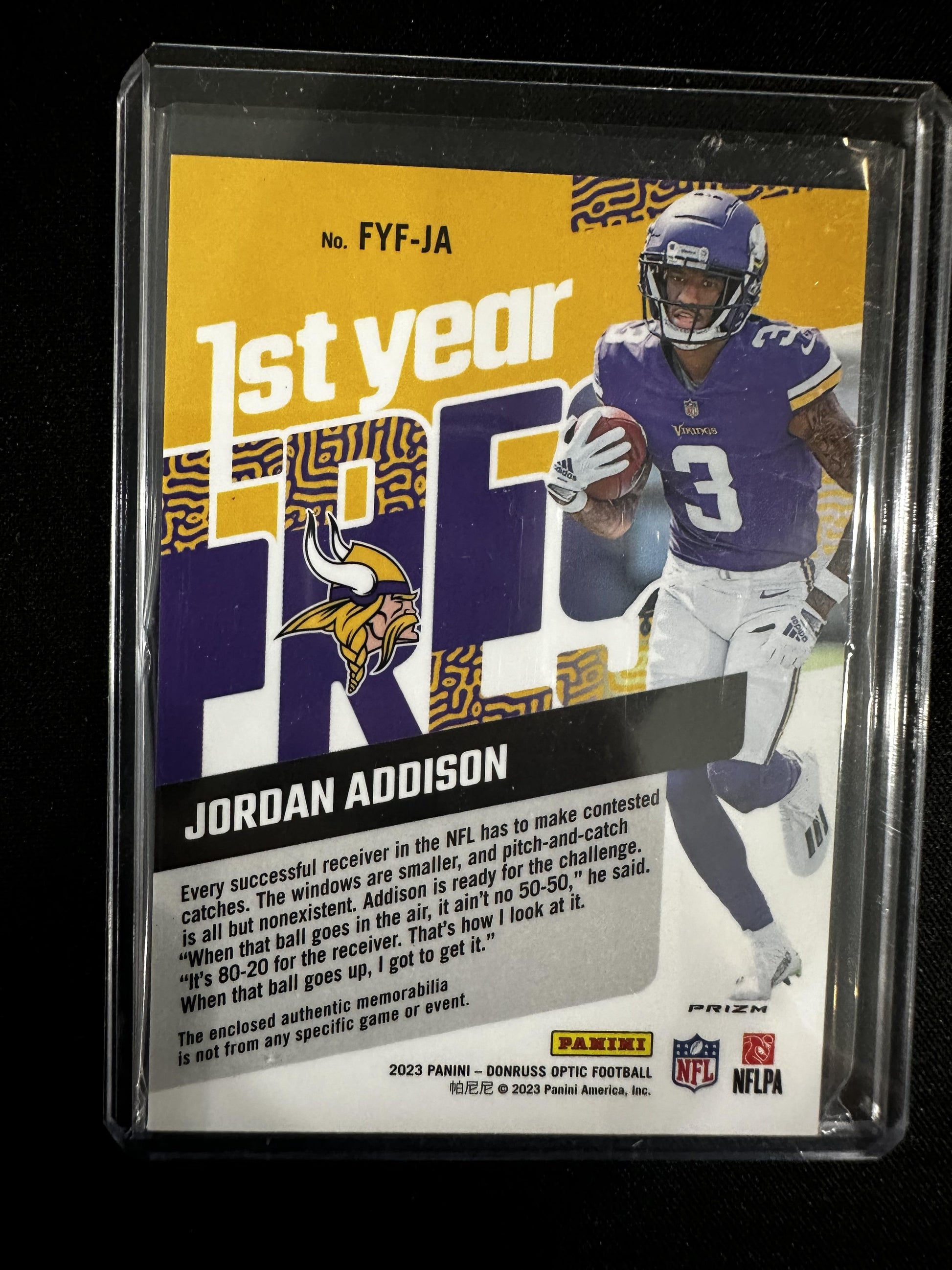 #FYF-JA Jordan Addison 2023 Donruss Optic MEM sports 1st Year Blue Hyper