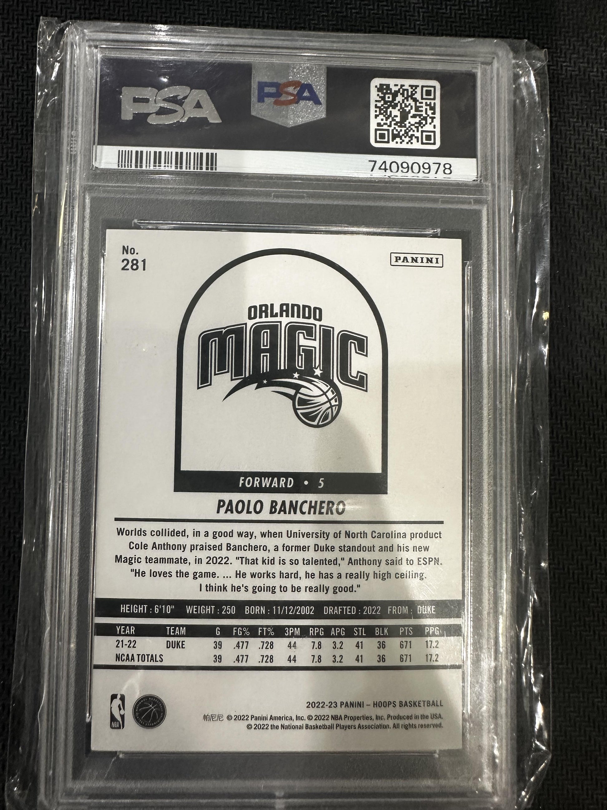 #281 Paolo Banchero 2022-23 Hoops Orlando Magic sports