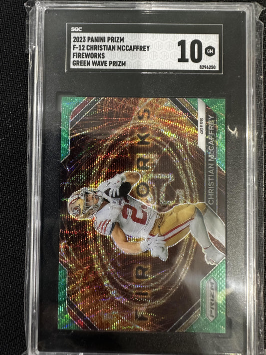 #F-12 Christian McCaffrey 2023 Panini Prizm 10 49ers Fireworks Prizms Green Wave