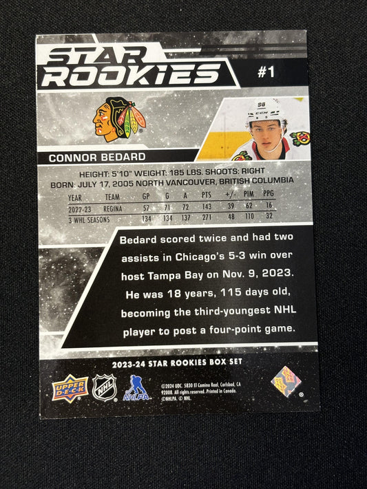 #1 Connor Bedard 2023-24 NHL Star Rookies Chicago Blackhawks Blue