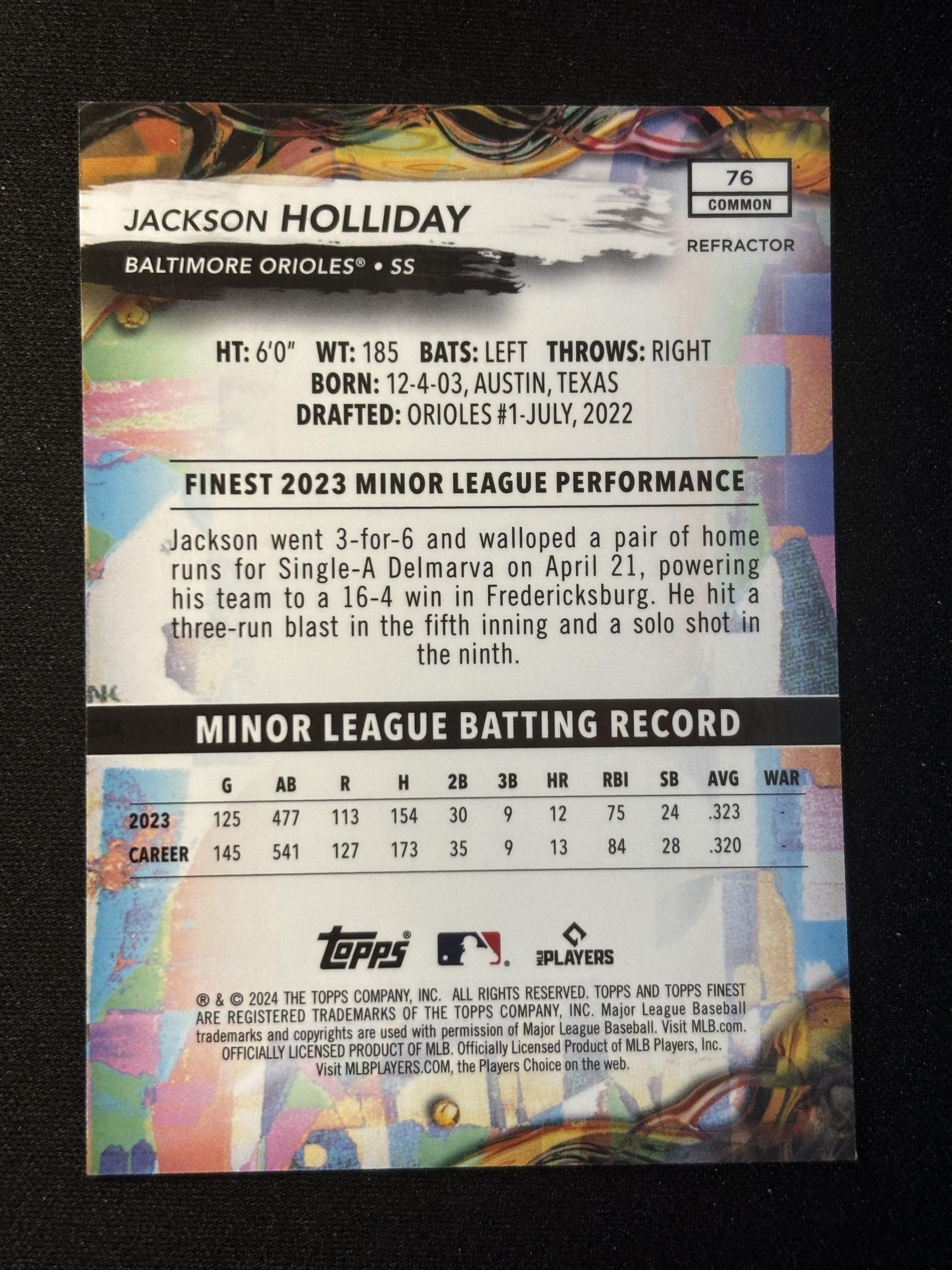 #76 Jackson Holliday 2024 Finest RC Rookie Baltimore Orioles sports