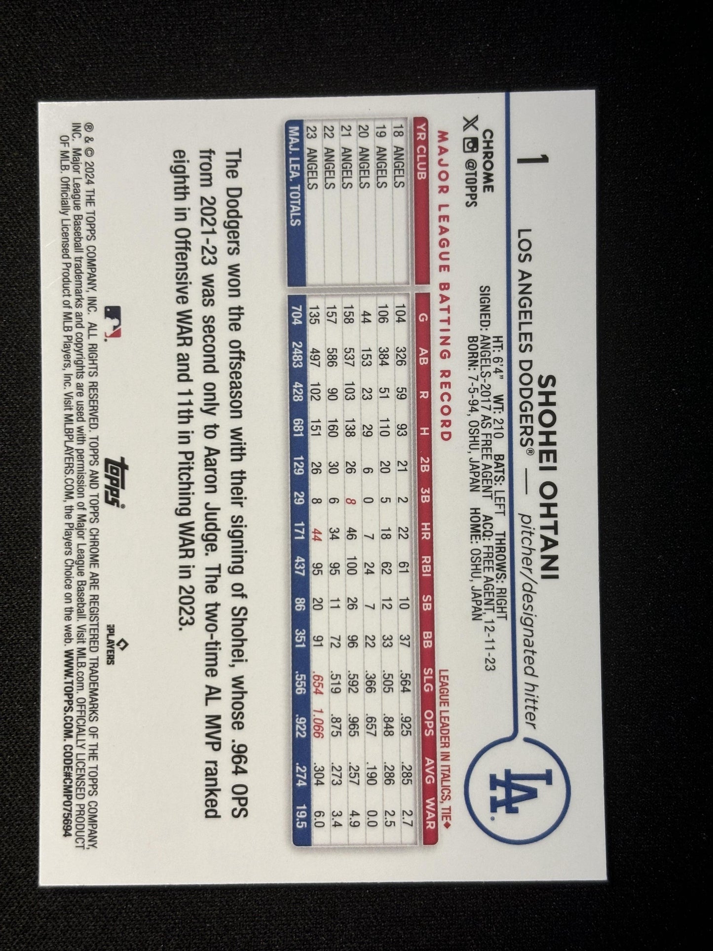 #1 Shohei Ohtani 2024 Topps Chrome sports