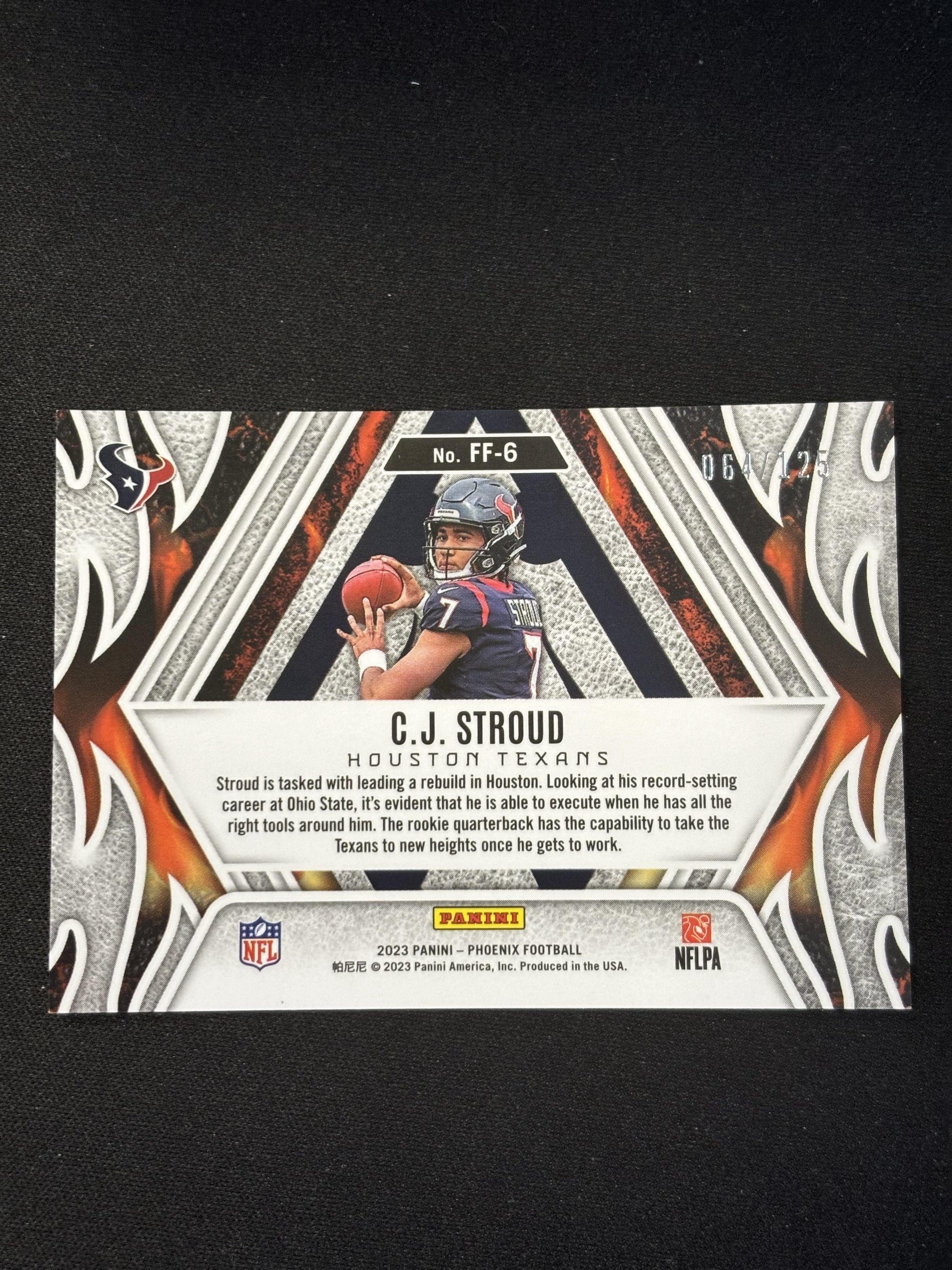 #FF-6 C.J. Stroud 2023 Panini Phoenix SN #/125 Houston Texans Fire Forged Purple