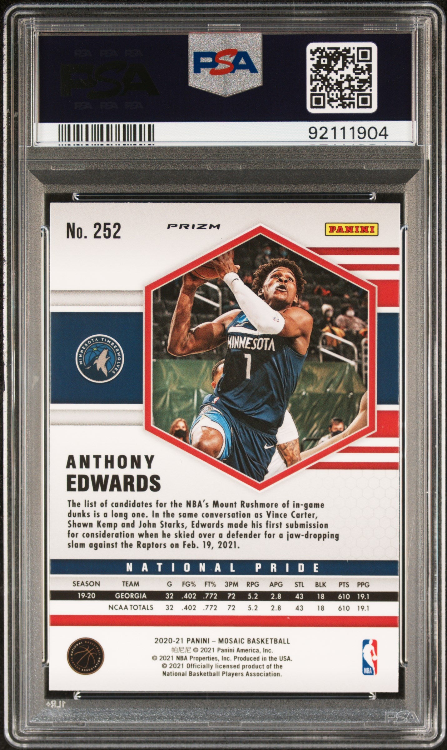 #252 Anthony Edwards 2020 Panini Mosaic 10 GEM-MT sports Green Mosaic