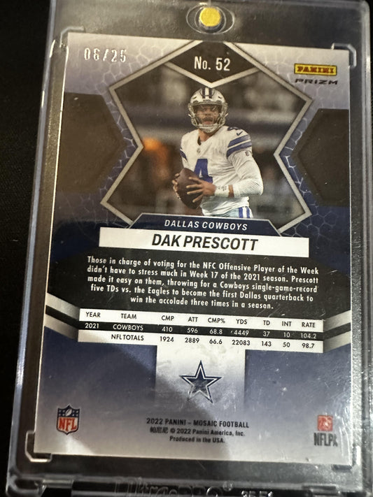 #52 Dak Prescott 2022 Panini Mosaic SN /25 Cowboys Mosaic Orange Fluorescent