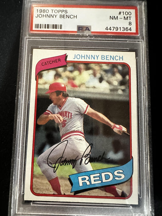 #100 Johnny Bench 1980 Topps AU Auto 8 Lowell Spinners NM-MT sports