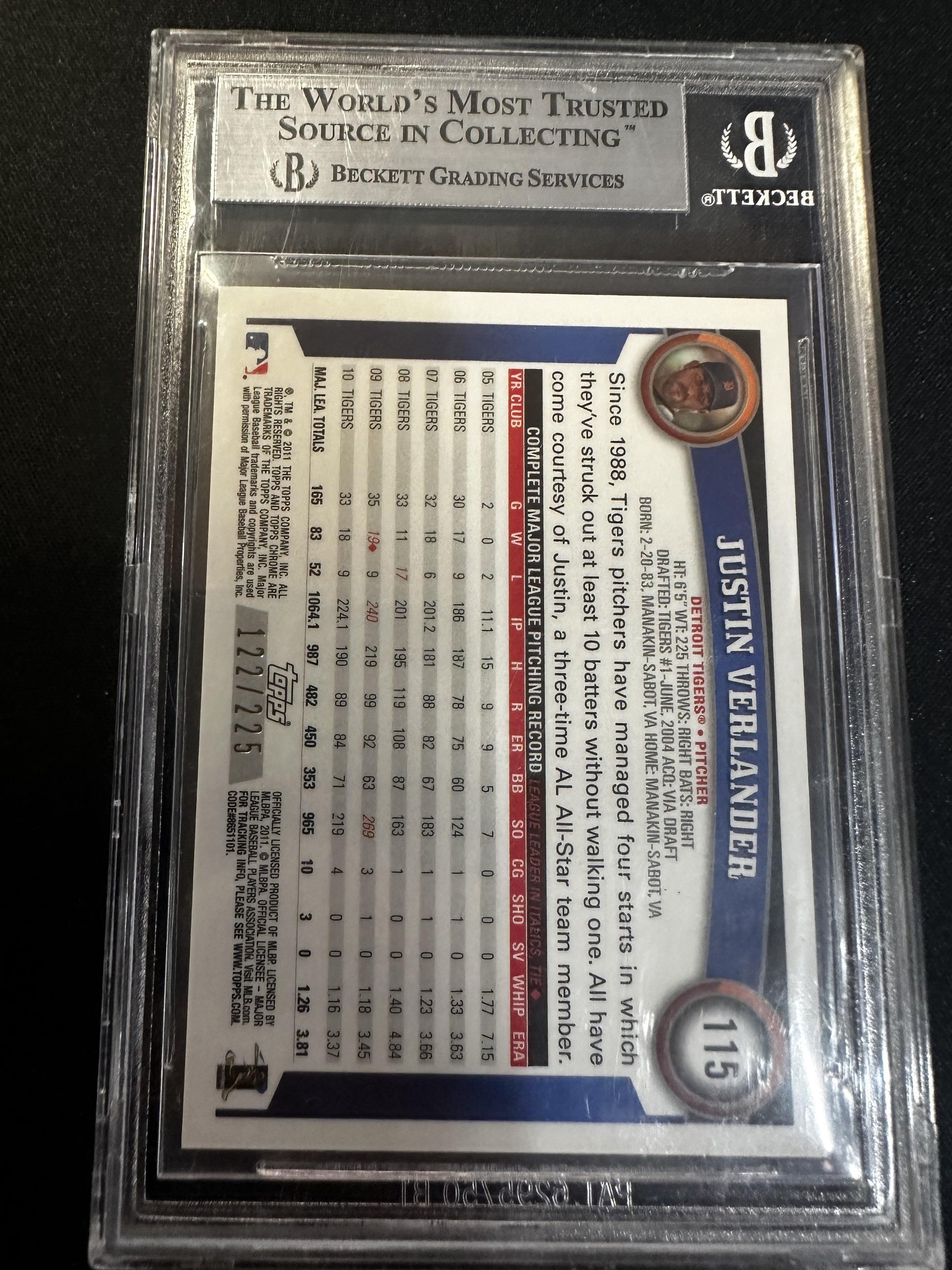 #115 Justin Verlander 2011 Topps Chrome SN #/225 Tigers Atomic Refractors