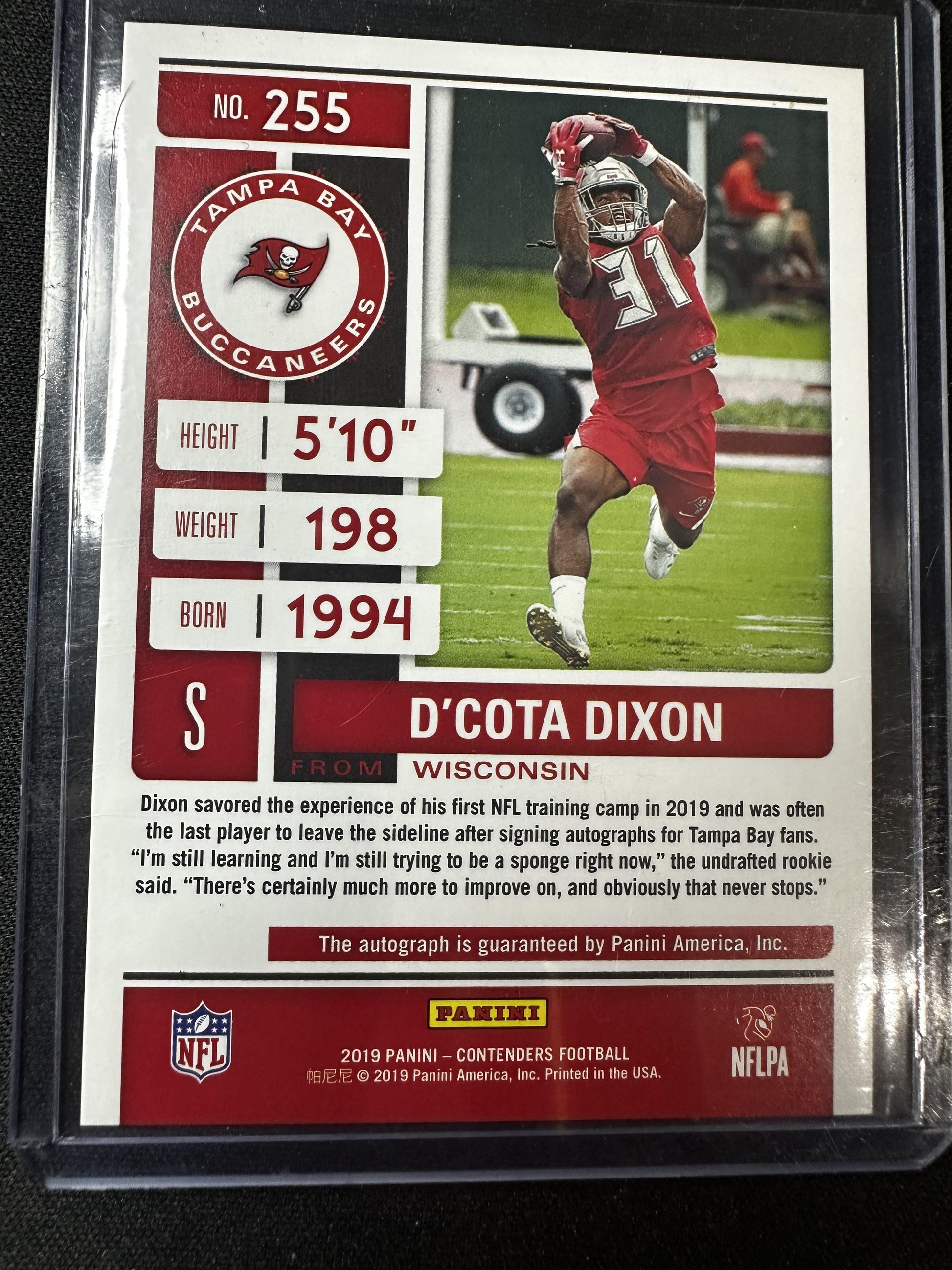 #255 D'Cota Dixon 2019 Panini Contenders Auto /23 Buccaneers Cracked Ice Ticket