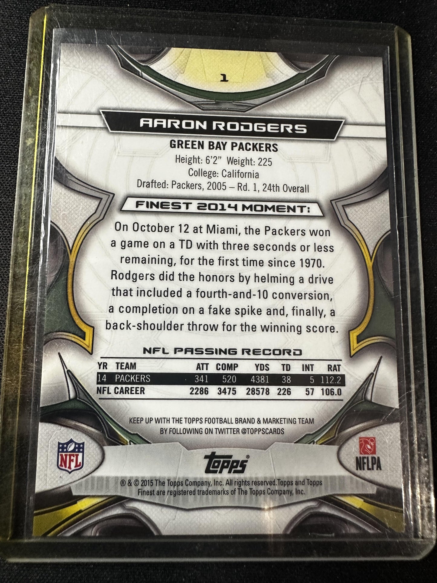 #1 Aaron Rodgers 2015 Finest SN #/250 Green Bay Packers sports Blue Refractor